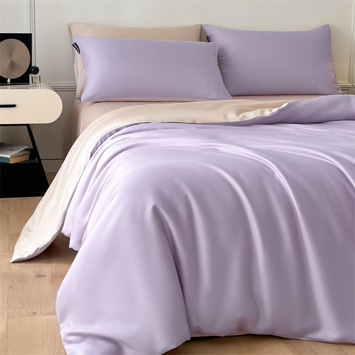 91家纺网 家纺一手货源 找家纺 笙意家纺 2025新款水洗真丝简约时尚四件套-简爱系列 简爱-星黛紫+梧桐杏