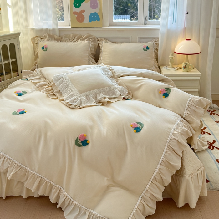 91家纺网 家纺一手货源 找家纺 淑女公社家纺 2025春夏新款全棉人字纹毛巾绣床盖款四件套-郁金香 郁金香 米白