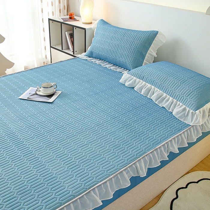 91家纺网 家纺一手货源 找家纺 伊人坊 2025新款A类凉感丝乳胶床笠凉席三件套-花边款 花边-海洋蓝