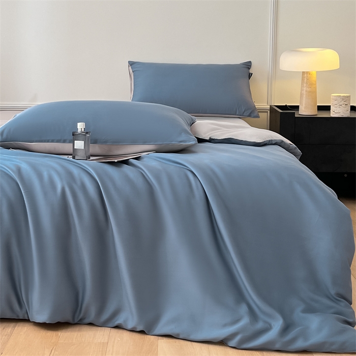 91家纺网 家纺一手货源 找家纺 笙意家纺 2025新款水洗真丝简约时尚四件套-简爱系列 简爱-宾利蓝+山灰