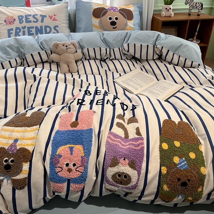 91家纺网 家纺一手货源 找家纺 蓝邻2025年新款全棉纯棉40s毛巾绣四件套 熊喵犬伴