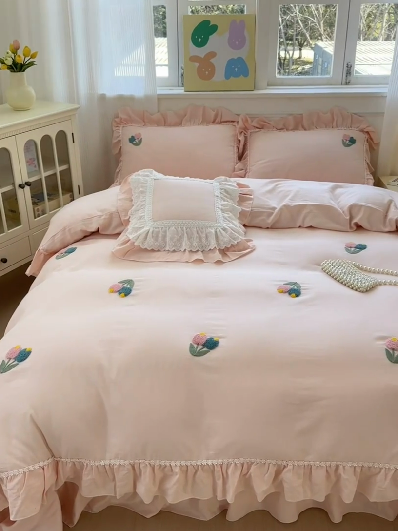 91家纺网 家纺一手货源 找家纺 淑女公社家纺 2025春夏新款全棉人字纹毛巾绣床盖款四件套-郁金香 郁金香 淡粉