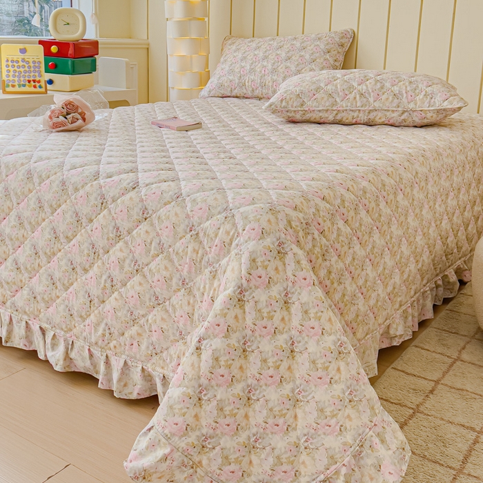 91家纺网 家纺一手货源 找家纺 U品汇 2025新品A类全棉夹棉床盖纯棉100%棉绗缝三件套炕垫褥子13372 G杏园暖秋-粉