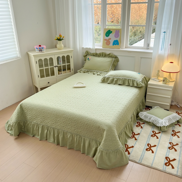 91家纺网 家纺一手货源 找家纺 淑女公社家纺 2025春夏新款全棉人字纹毛巾绣床盖款四件套-郁金香 郁金香 牛油果绿