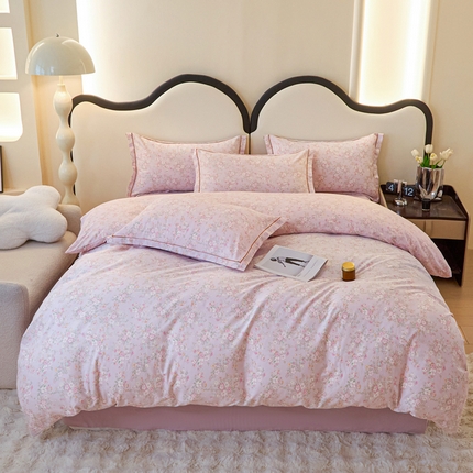 首爱家纺 2025新款全棉四件套小清新人字纹四件套纯棉四件套 樱花粉