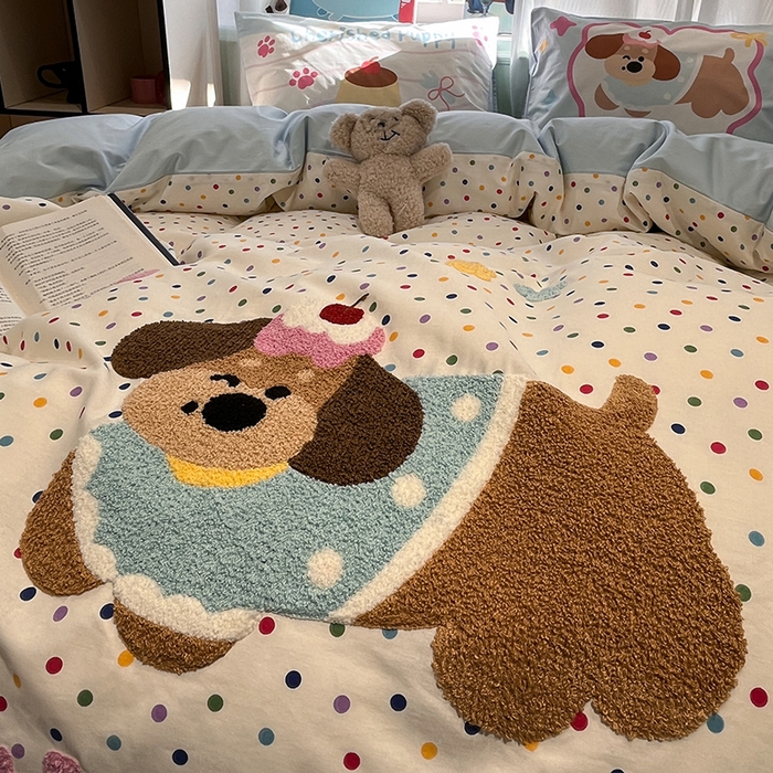 91家纺网 家纺一手货源 找家纺 蓝邻2025年新款全棉纯棉40s毛巾绣四件套 萌宠派对