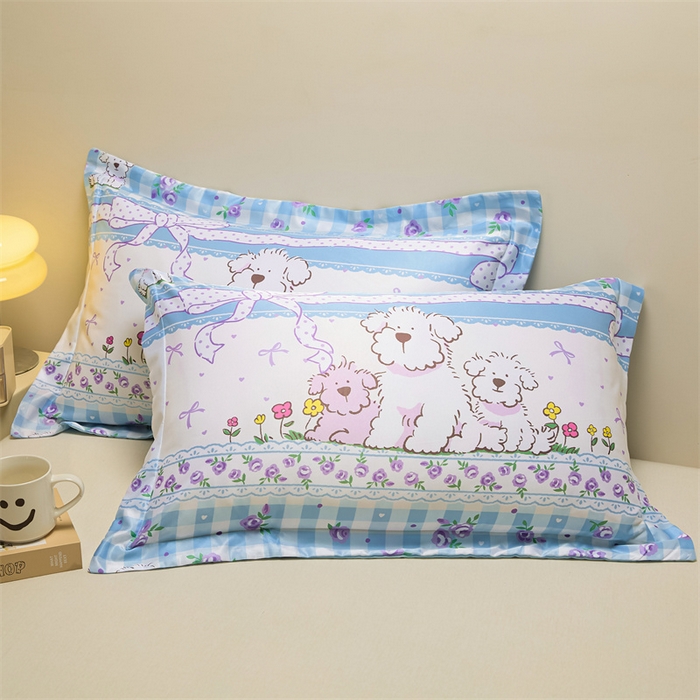 91家纺网 家纺一手货源 找家纺 笙意家纺 2025新款水洗真丝数码印花卡通枕套 小狗乐园