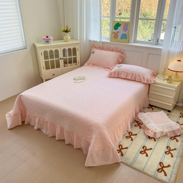 91家纺网 家纺一手货源 找家纺 淑女公社家纺 2025春夏新款全棉人字纹毛巾绣床盖款四件套-郁金香 郁金香 淡粉