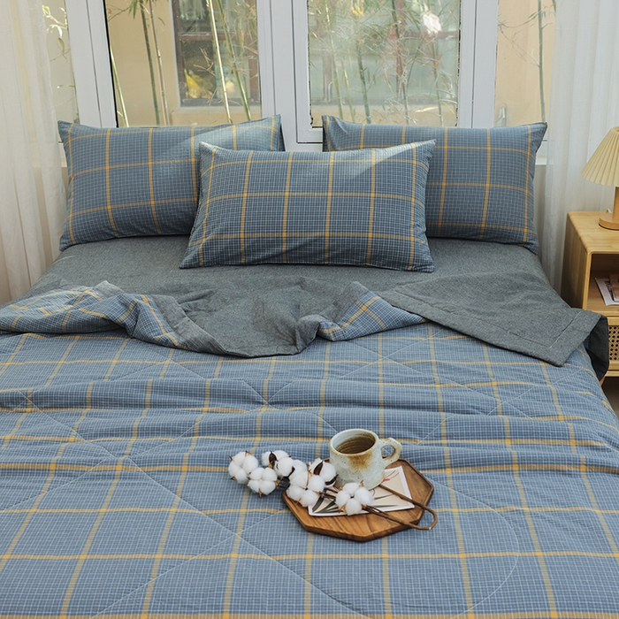 91家纺网 家纺一手货源 找家纺 柠萌家居 2025新款全棉色织水洗棉棉花夏被四件套里外全棉 夏凉被被子被芯 瓦尔灰