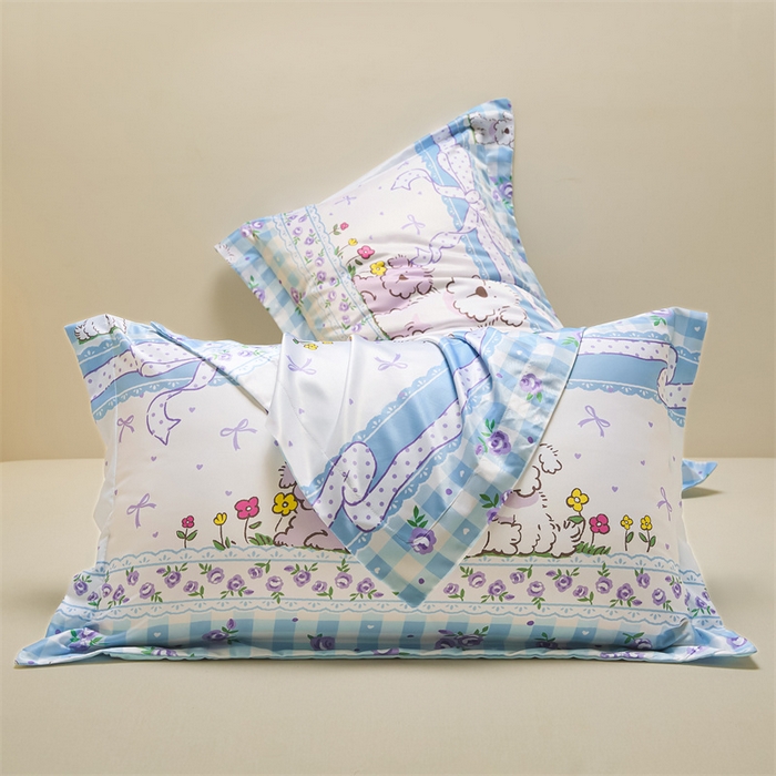 91家纺网 家纺一手货源 找家纺 笙意家纺 2025新款水洗真丝数码印花卡通枕套 小狗乐园