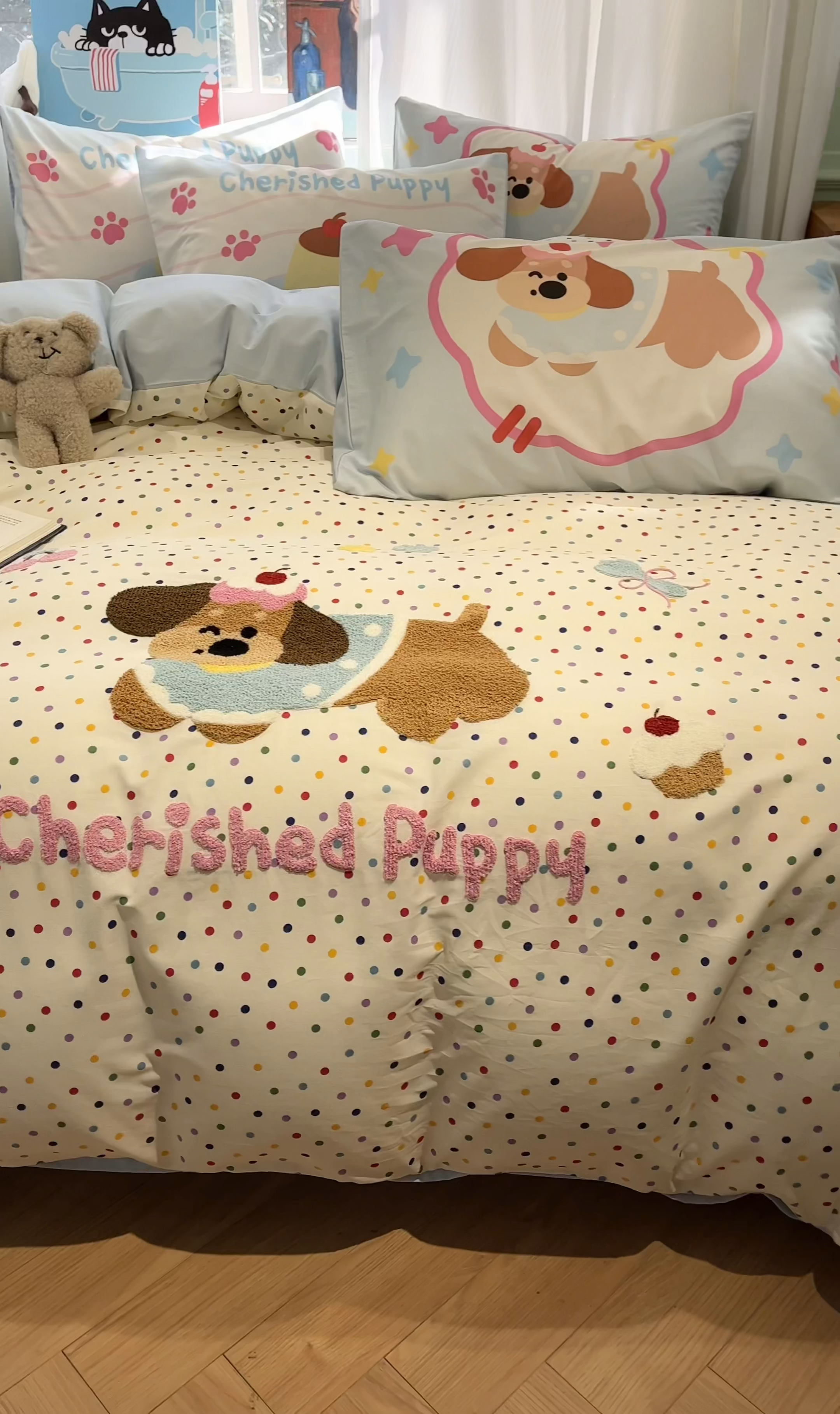 91家纺网 家纺一手货源 找家纺 蓝邻2025年新款全棉纯棉40s毛巾绣四件套 萌宠派对