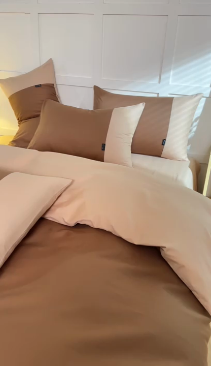 91家纺网 家纺一手货源 找家纺 慕希2025新款13372全棉拼色正拼四件套系列-简尚 简尚-棕咖