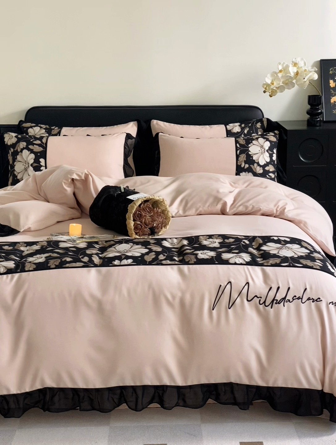 91家纺网 家纺一手货源 找家纺 （总）奥汀洛家纺 2025新款亲肤棉工艺款刺绣花边四件套-伊莲娜