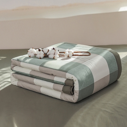 柠萌家居 2025新款全棉色织水洗棉棉花夏被四件套里外全棉 夏凉被被子被芯 绿大格