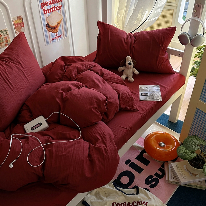 91家纺网 家纺一手货源 找家纺 阿曼达 2025新款纯色水洗m学生床单人四件套 纯色-安可拉红