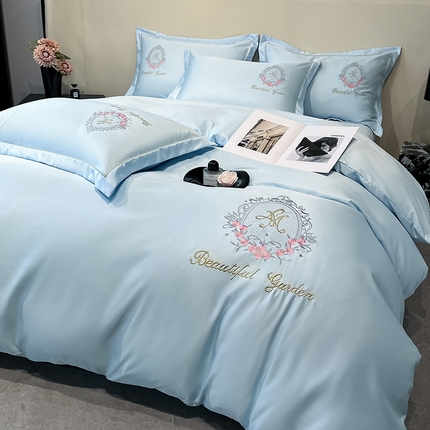 91家纺网 家纺一手货源 找家纺 金阳光 2025新款大花轻奢刺绣款水洗天丝四件套 挪威-冰心蓝