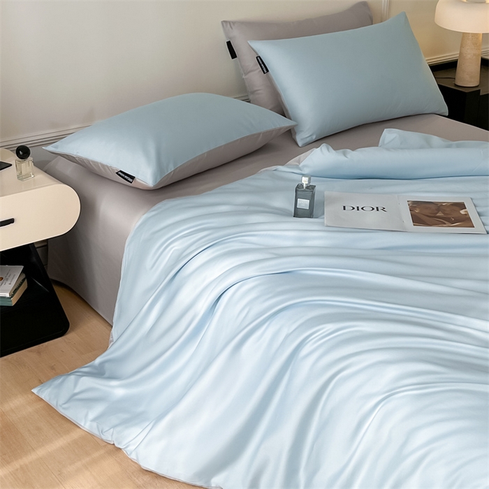 91家纺网 家纺一手货源 找家纺 笙意家纺 2025新款水洗真丝简约时尚四件套-简爱系列 简爱-天空蓝+山灰