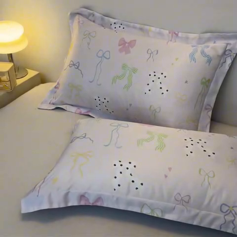 91家纺网 家纺一手货源 找家纺 笙意家纺 2025新款水洗真丝数码印花卡通枕套 蝴蝶结