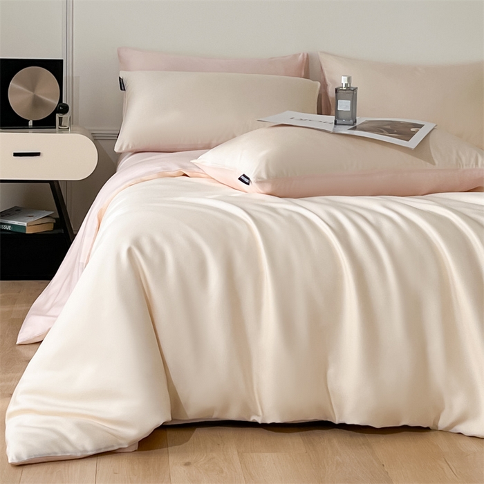 91家纺网 家纺一手货源 找家纺 笙意家纺 2025新款水洗真丝简约时尚四件套-简爱系列 简爱-奶昔白+奶油粉