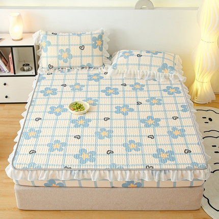 91家纺网 家纺一手货源 找家纺 （总）伊人坊 2025新款A类凉感丝乳胶床笠凉席三件套-花边款