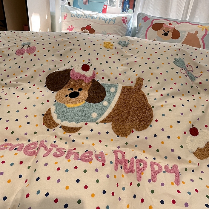 91家纺网 家纺一手货源 找家纺 蓝邻2025年新款全棉纯棉40s毛巾绣四件套 萌宠派对