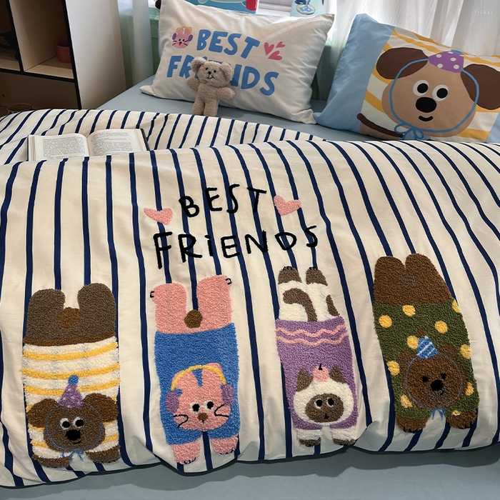 91家纺网 家纺一手货源 找家纺 蓝邻2025年新款全棉纯棉40s毛巾绣四件套 熊喵犬伴