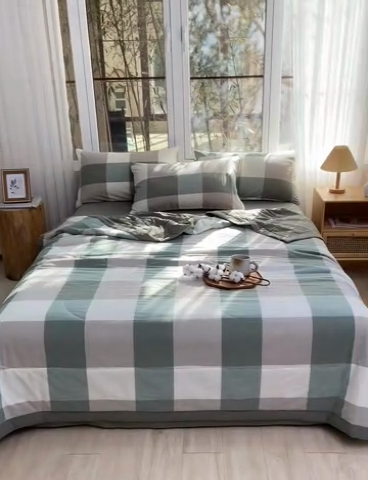 91家纺网 家纺一手货源 找家纺 柠萌家居 2025新款全棉色织水洗棉棉花夏被四件套里外全棉 夏凉被被子被芯 绿大格