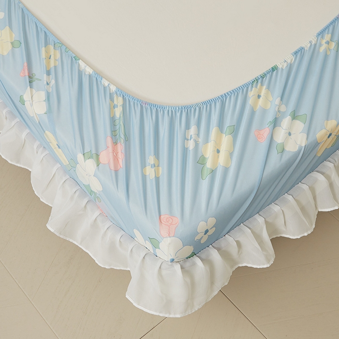 91家纺网 家纺一手货源 找家纺 伊人坊 2025新款A类凉感丝乳胶床笠凉席三件套-花边款 花边-花花世界