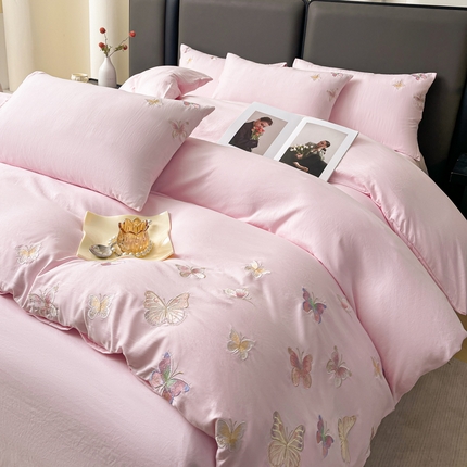 逸尚阁 2025新款水洗磨毛刺绣四件套--七彩蝴蝶系列(提供买家秀) 七彩蝴蝶-淡粉