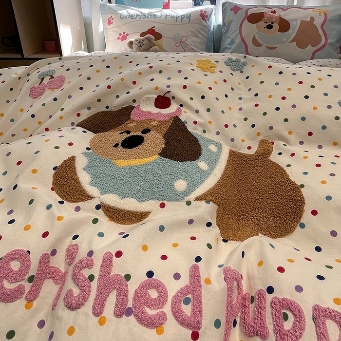 91家纺网 家纺一手货源 找家纺 蓝邻2025年新款全棉纯棉40s毛巾绣四件套 萌宠派对