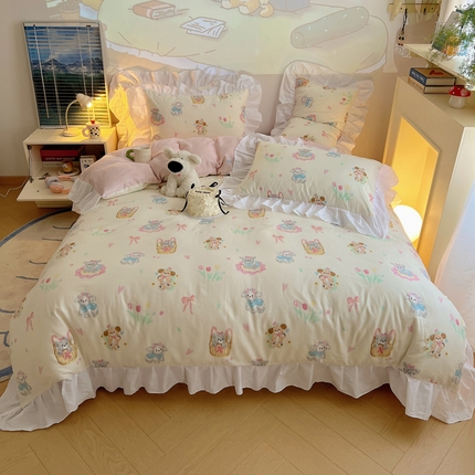 91家纺网 家纺一手货源 找家纺 桃子家居 （总）2025纯棉韩版花边奶油可爱卡通少女萝莉洛丽塔系列全棉卡通四件套