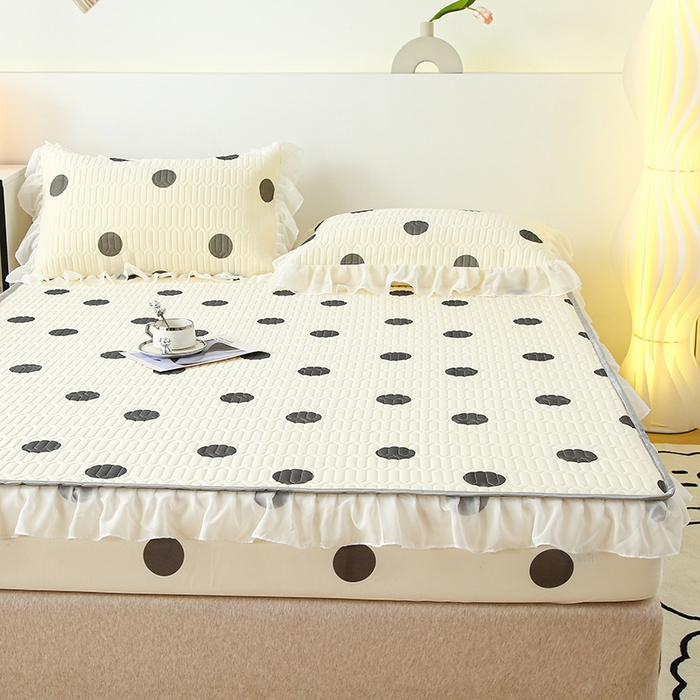 91家纺网 家纺一手货源 找家纺 伊人坊 2025新款A类凉感丝乳胶床笠凉席三件套-花边款 花边-黑色波点