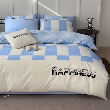 娜娜 2025新款全棉拼接条纹绣花四件套  马克-格子蓝