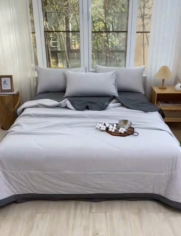 91家纺网 家纺一手货源 找家纺 柠萌家居 2025新款全棉色织水洗棉棉花夏被四件套里外全棉 夏凉被被子被芯 灰密条