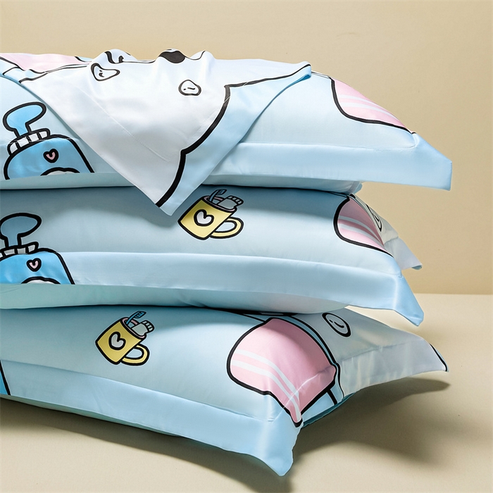 91家纺网 家纺一手货源 找家纺 笙意家纺 2025新款水洗真丝数码印花卡通枕套 萌宠猫狗