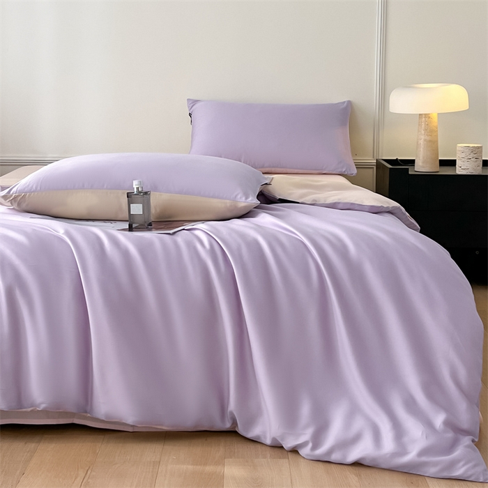 91家纺网 家纺一手货源 找家纺 笙意家纺 2025新款水洗真丝简约时尚四件套-简爱系列 简爱-星黛紫+梧桐杏