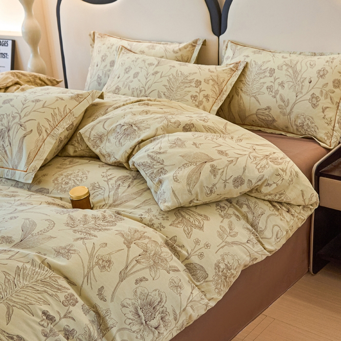 91家纺网 家纺一手货源 找家纺 棉乐町家居 2025新款全棉小清新人字纹四件套 秋日落叶