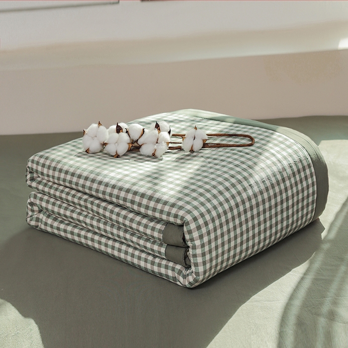 91家纺网 家纺一手货源 找家纺 柠萌家居 2025新款全棉色织水洗棉棉花夏被四件套里外全棉 夏凉被被子被芯 绿小格