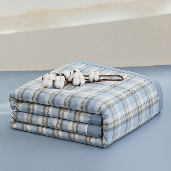 91家纺网 家纺一手货源 找家纺 柠萌家居 2025新款全棉色织水洗棉棉花夏被四件套里外全棉 夏凉被被子被芯 简兮蓝