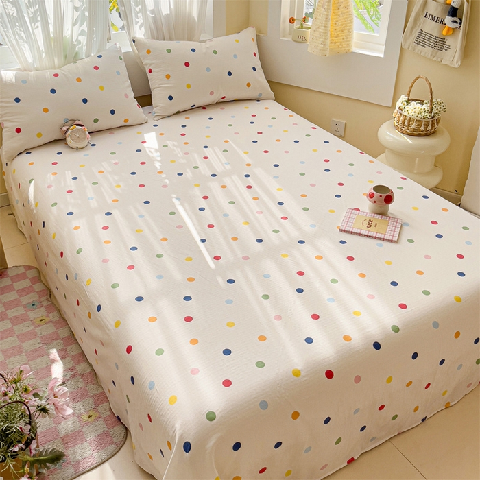 91家纺网 家纺一手货源 找家纺 名兮-2025新款全棉双层纱床单 双层纱-彩色波点