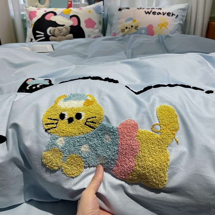 91家纺网 家纺一手货源 找家纺 蓝邻2025年新款全棉纯棉40s毛巾绣四件套 蓝梦喵语