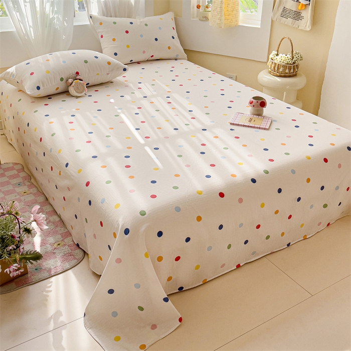 91家纺网 家纺一手货源 找家纺 名兮-2025新款全棉双层纱床单 双层纱-彩色波点