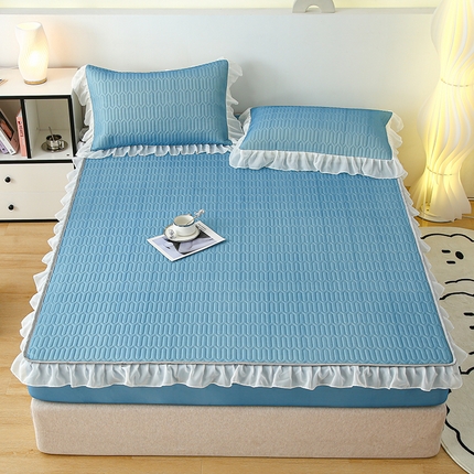 91家纺网 家纺一手货源 找家纺 （总）伊人坊 2025新款A类凉感丝乳胶床笠凉席三件套-花边款