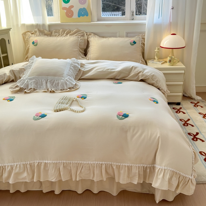 91家纺网 家纺一手货源 找家纺 淑女公社家纺 2025春夏新款全棉人字纹毛巾绣床盖款四件套-郁金香 郁金香 米白