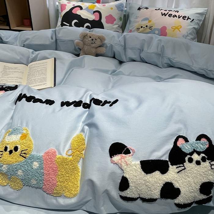 91家纺网 家纺一手货源 找家纺 蓝邻2025年新款全棉纯棉40s毛巾绣四件套 蓝梦喵语