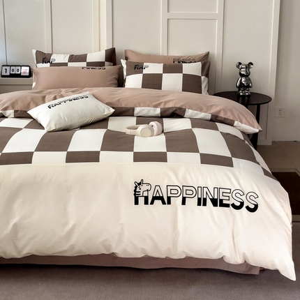 娜娜 2025新款全棉拼接条纹绣花四件套  马克-格子咖