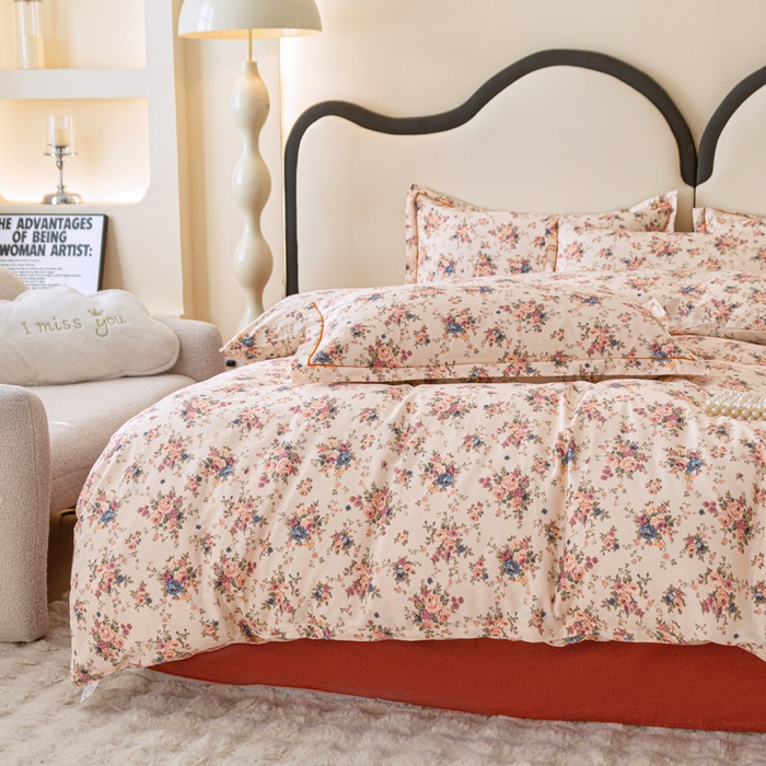 91家纺网 家纺一手货源 找家纺 棉乐町家居 2025新款全棉小清新人字纹四件套 繁花似锦