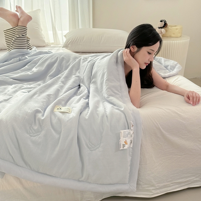 91家纺网 家纺一手货源 找家纺 佰亿莱 佰亿莱 2025新款母婴级无印风超柔宝宝纱大豆夏凉被 浅兰灰