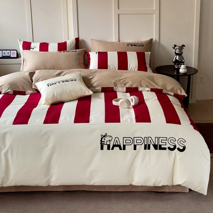 91家纺网 家纺一手货源 找家纺 娜娜 2025新款全棉拼接条纹绣花四件套  马克-中国红