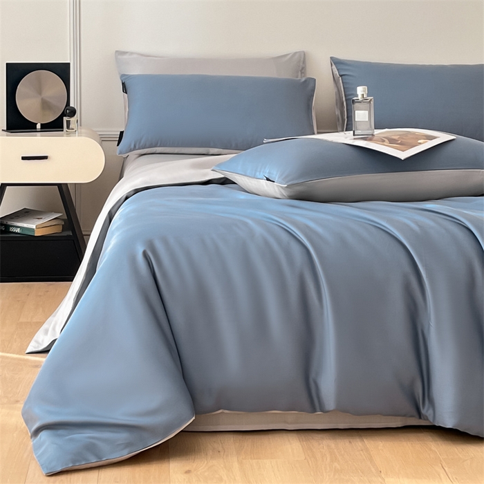 91家纺网 家纺一手货源 找家纺 笙意家纺 2025新款水洗真丝简约时尚四件套-简爱系列 简爱-宾利蓝+山灰